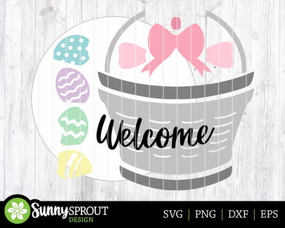 Welcome Easter Egg Basket Sign, Digital download, SVG laser cut file, Cricut, Round door hanger design
