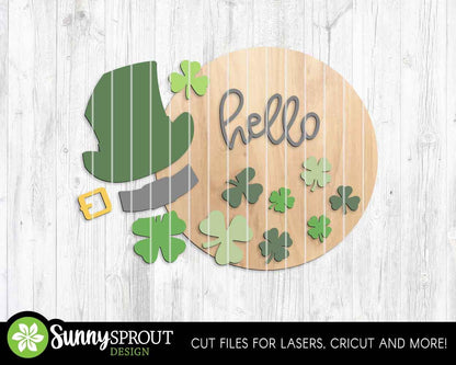 Hello Leprechaun Hat & Shamrocks Sign, Digital Download, SVG Laser Cut File, Cricut, Round Door Hanger Design, St. Patrick's Day Decor