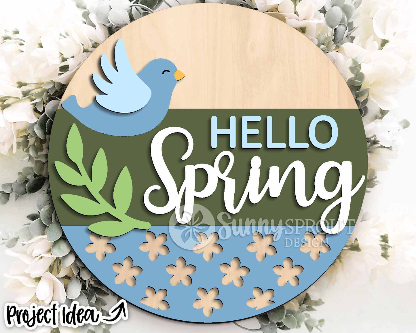 Hello Spring Bird Branch Sign, Digital download, SVG laser cut file, Cricut, Round door hanger design