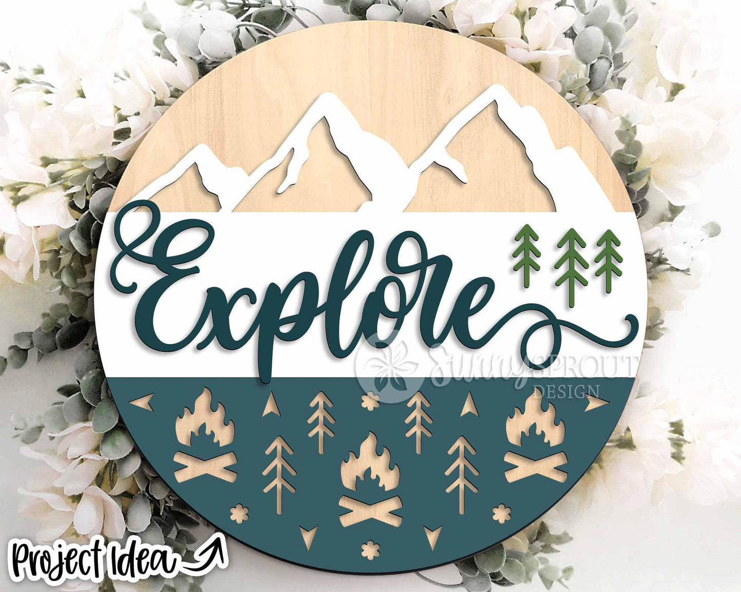 Explore Camp Mountain Sign, Digital download, SVG Laser cut file, Cricut, Round door hanger design, Camping cabin outdoor decor