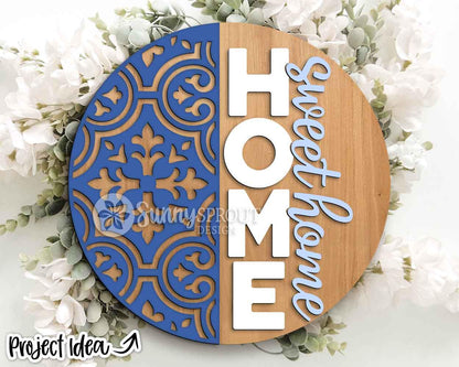 Home Sweet Moroccan Tile Pattern Sign, Digital Download, SVG Laser Cut File, Cricut, Modern Round Door Hanger Design