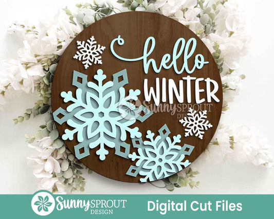 Hello Winter Snowflakes Sign, Round door hanger svg, Glowforge laser file, Cricut, Winter door decor, Winter welcome sign