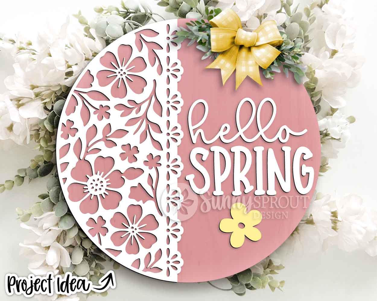 Hello Spring Floral Pattern Sign, Digital download, SVG Laser cut file, Cricut, Round door hanger design, Spring Easter decor