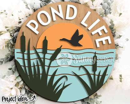 Pond Life Cattails Sign, Digital download, SVG Laser cut file, Cricut, Round door hanger design, Summer pond outdoor decor