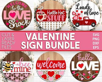 Valentine Laser Sign Bundle, Round door hanger, Glowforge laser file, Cricut cut svg, Silhouette, Heart welcome sign