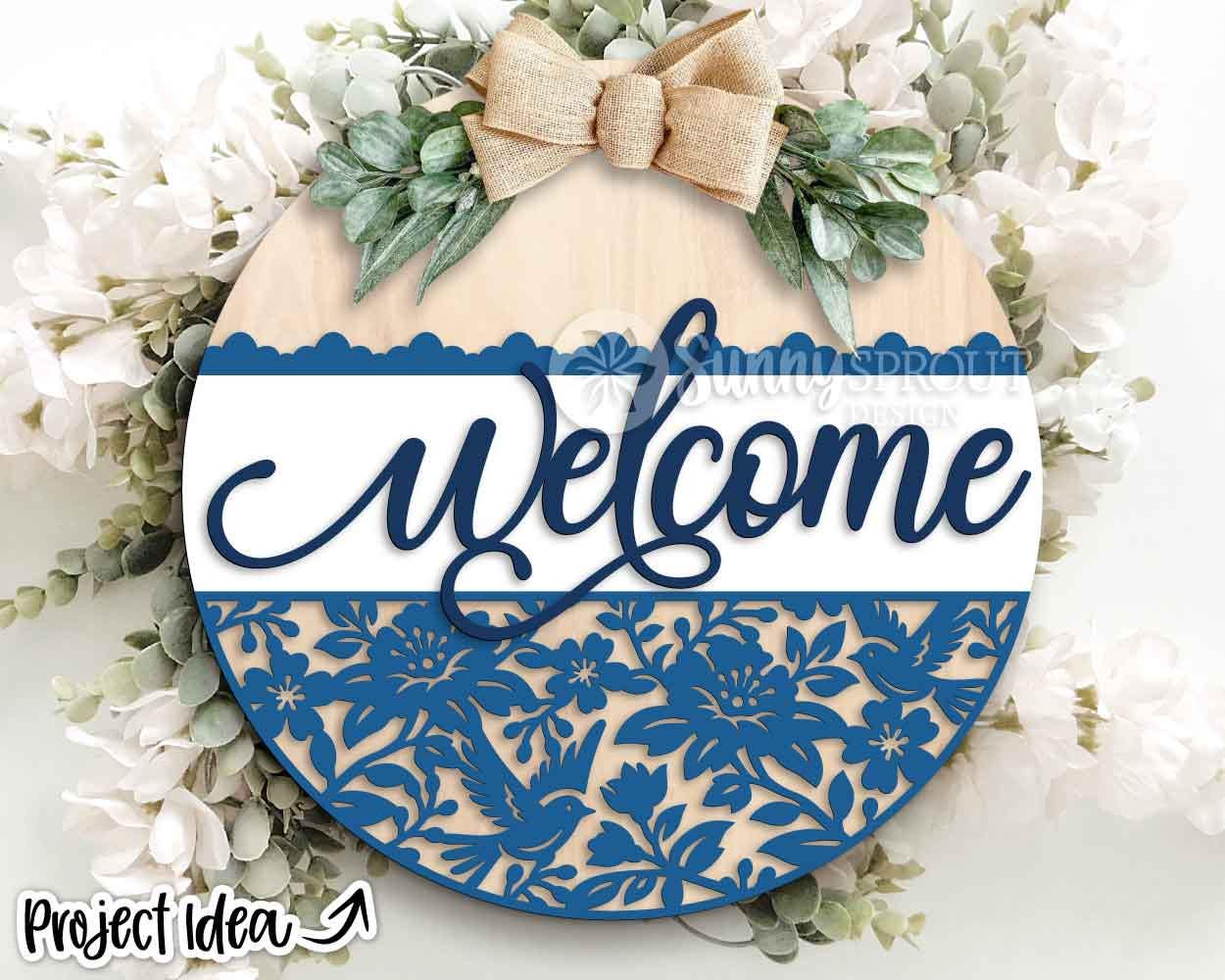 Welcome Chinoiserie Flower Pattern Sign, Digital Download, SVG Laser Cut File, Cricut, Floral Lace Round Door Hanger Design