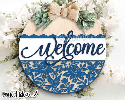 Welcome Chinoiserie Flower Pattern Sign, Digital Download, SVG Laser Cut File, Cricut, Floral Lace Round Door Hanger Design