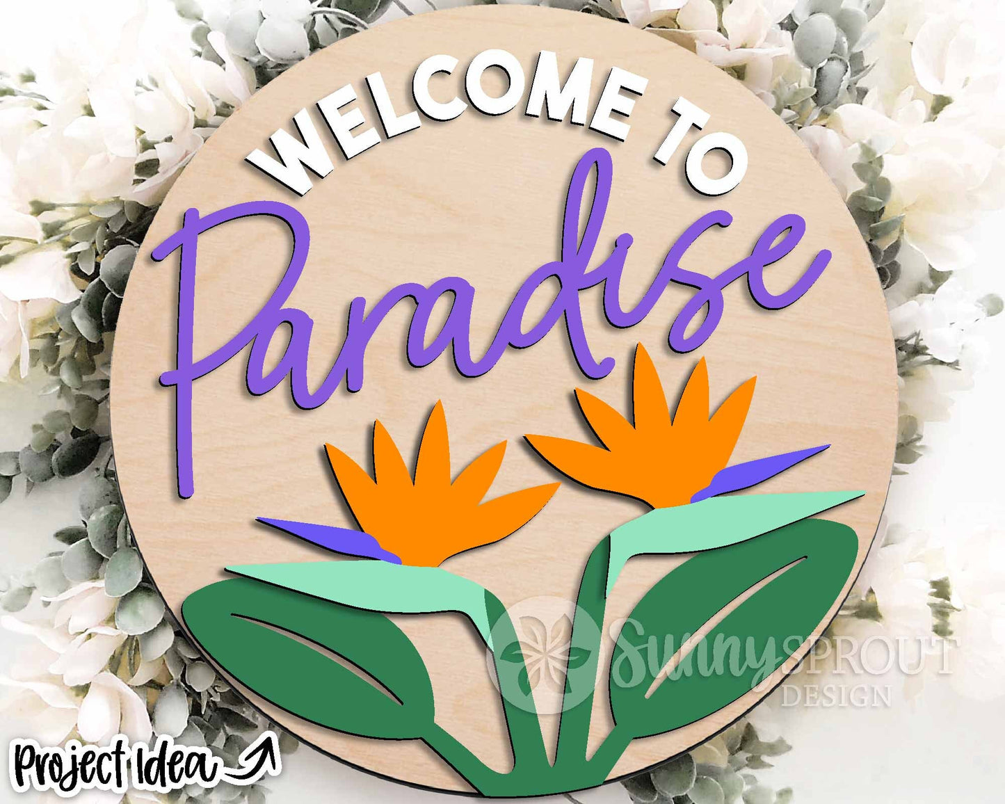Welcome Bird of Paradise Flower Sign, Digital Download, SVG Laser Cut File, Cricut, Summer Round Door Hanger Design