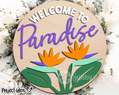 Welcome Bird of Paradise Flower Sign, Digital Download, SVG Laser Cut File, Cricut, Summer Round Door Hanger Design