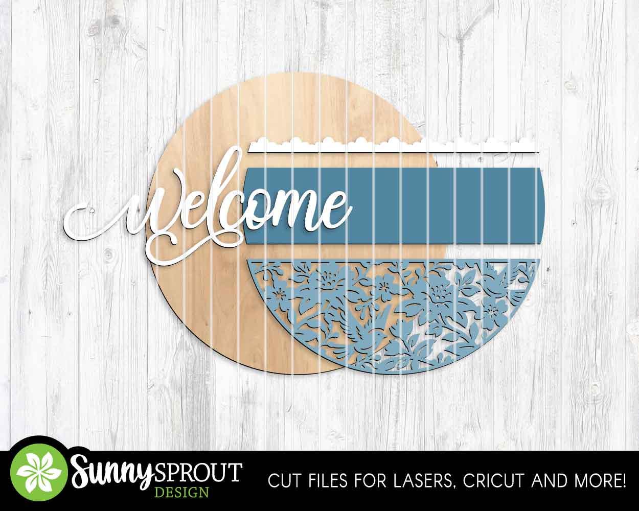 Welcome Chinoiserie Flower Pattern Sign, Digital Download, SVG Laser Cut File, Cricut, Floral Lace Round Door Hanger Design