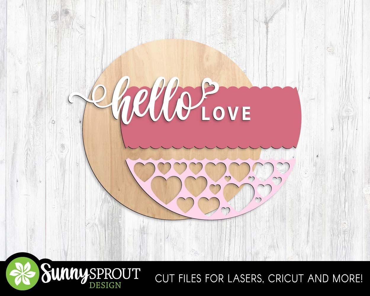 Hello Love Heart Pattern Sign, Digital Download, SVG Laser Cut File, Cricut, Round Door Hanger Design, Valentine's Day Decor