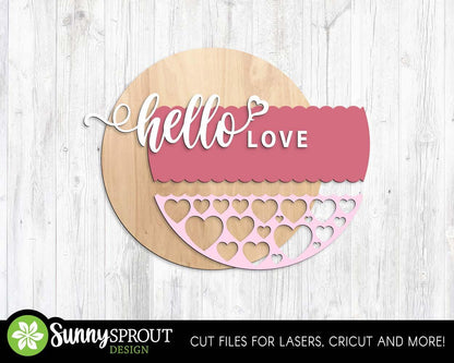 Hello Love Heart Pattern Sign, Digital Download, SVG Laser Cut File, Cricut, Round Door Hanger Design, Valentine's Day Decor