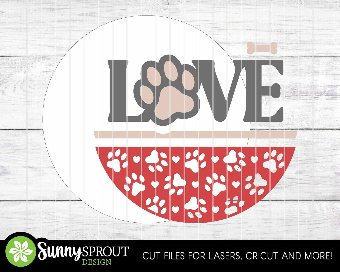 Love Paw Print Heart Bone Sign, Digital Download, SVG Laser Cut File, Cricut, Round Door Hanger Design, Valentine's Day Cat Decor