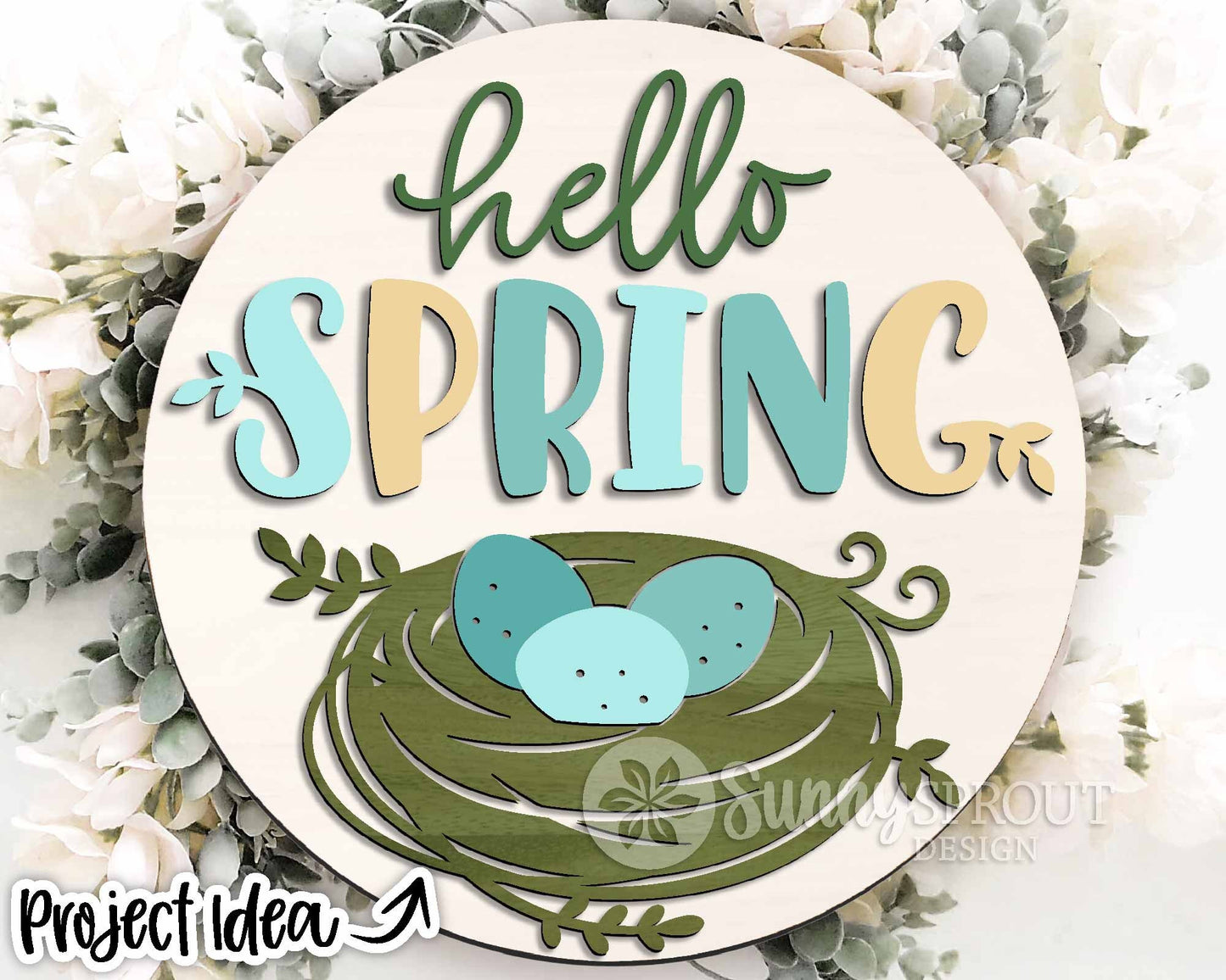 Hello Spring Robin Egg Nest Sign, Digital download, SVG Laser cut file, Cricut, Round door hanger design