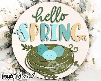 Hello Spring Robin Egg Nest Sign, Digital download, SVG Laser cut file, Cricut, Round door hanger design