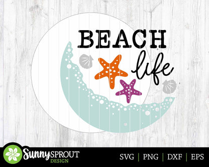 Beach Life Starfish Sign, Digital download, SVG Laser cut file, Cricut, Round door hanger wall art design, Ocean coastal decor