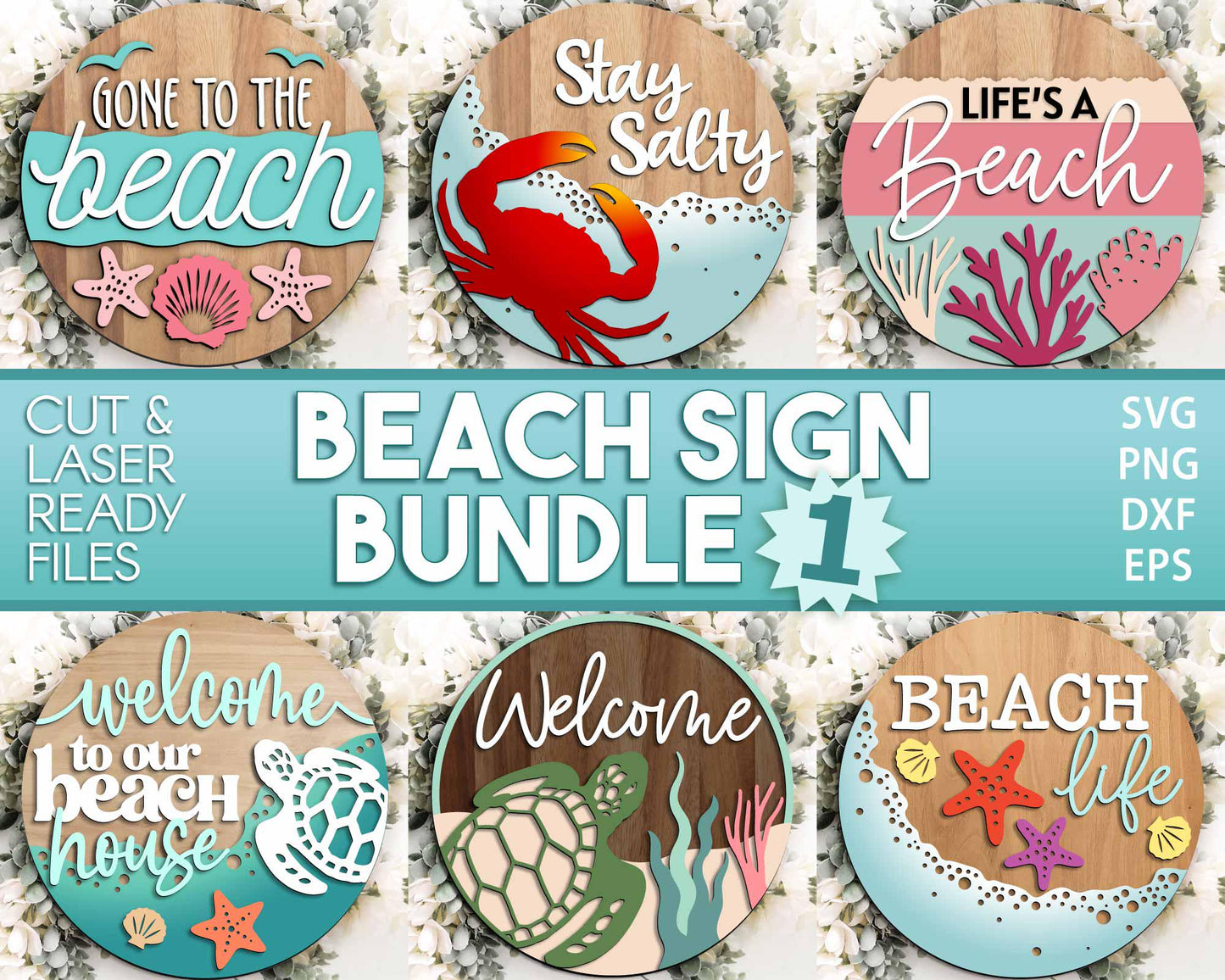 Beach Theme Sign Bundle, Round door hanger svg, Glowforge laser file, Cricut, Front door welcome sign, Ocean decor svg