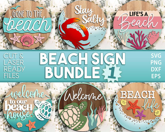 Beach Theme Sign Bundle, Round door hanger svg, Glowforge laser file, Cricut, Front door welcome sign, Ocean decor svg