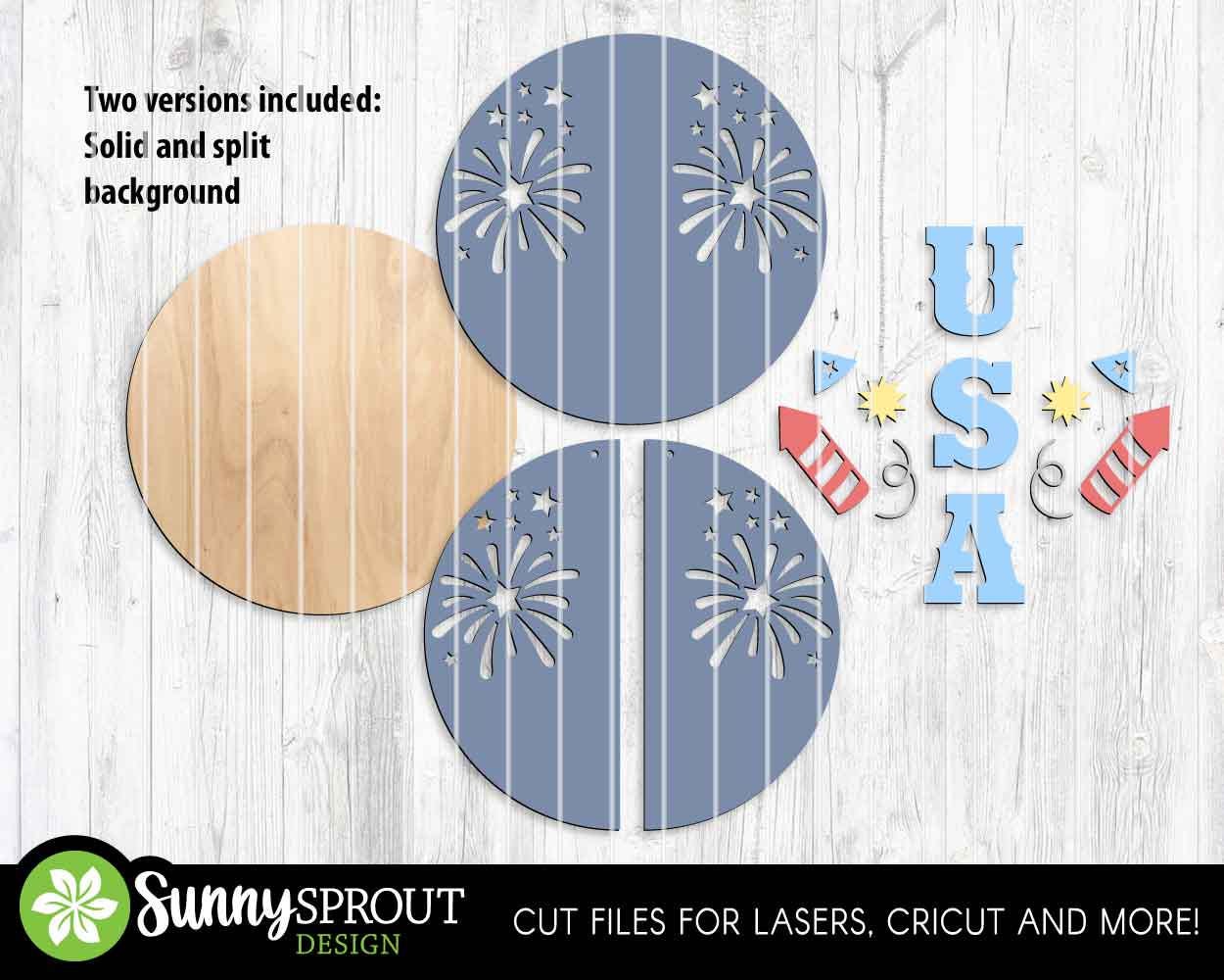 USA Fireworks Stars Sign, Digital Download, SVG Laser Cut File, Cricut, Round Door Hanger Design, Patriotic 4th of July Decor