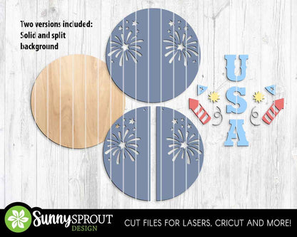 USA Fireworks Stars Sign, Digital Download, SVG Laser Cut File, Cricut, Round Door Hanger Design, Patriotic 4th of July Decor