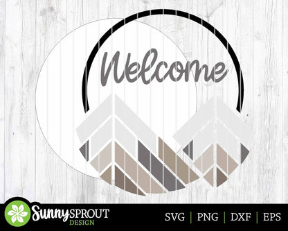 Geometric Mountain Welcome Sign, Digital download, SVG Laser cut file, Cricut, Round door hanger design, Camping cabin outdoor decor