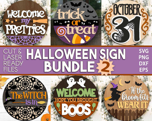 Halloween Laser Sign Bundle 2, Round door hanger, Glowforge laser file, Cricut cut file, Fall welcome sign svg, Spooky svg