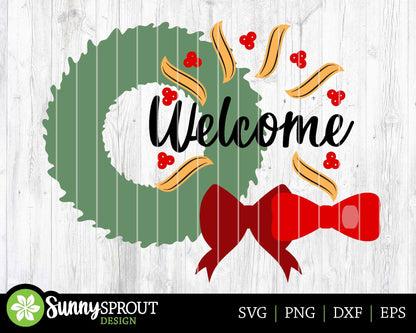 Welcome Wreath Ribbon Sign, Digital Download, SVG Laser Cut File, Cricut, Round Door Hanger Design, Christmas Decor