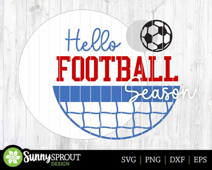 Hello Football Soccer Season Sign, Digital Download, SVG Laser Cut File, Cricut, Round Door Hanger Wall Art Design, Sports Decor
