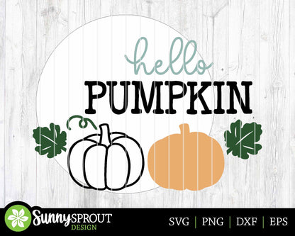 Hello Pumpkin Sign, Digital Download, SVG Laser Cut File, Cricut, Round Fall Welcome Door Hanger Design