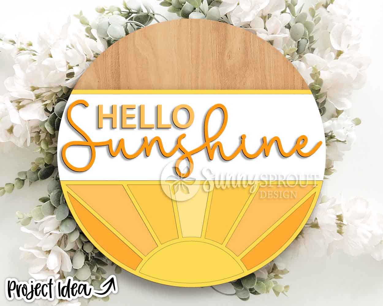 Hello Sunshine Rising Sun Sign, Digital Download, SVG Laser Cut File, Cricut, Summer Round Door Hanger Design