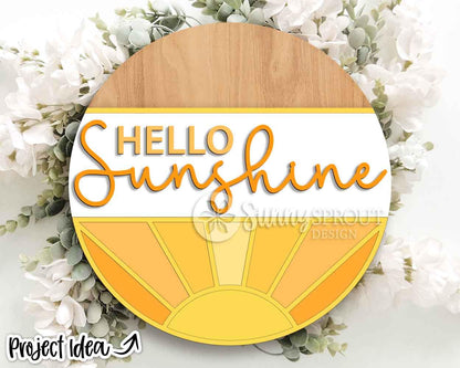 Hello Sunshine Rising Sun Sign, Digital Download, SVG Laser Cut File, Cricut, Summer Round Door Hanger Design