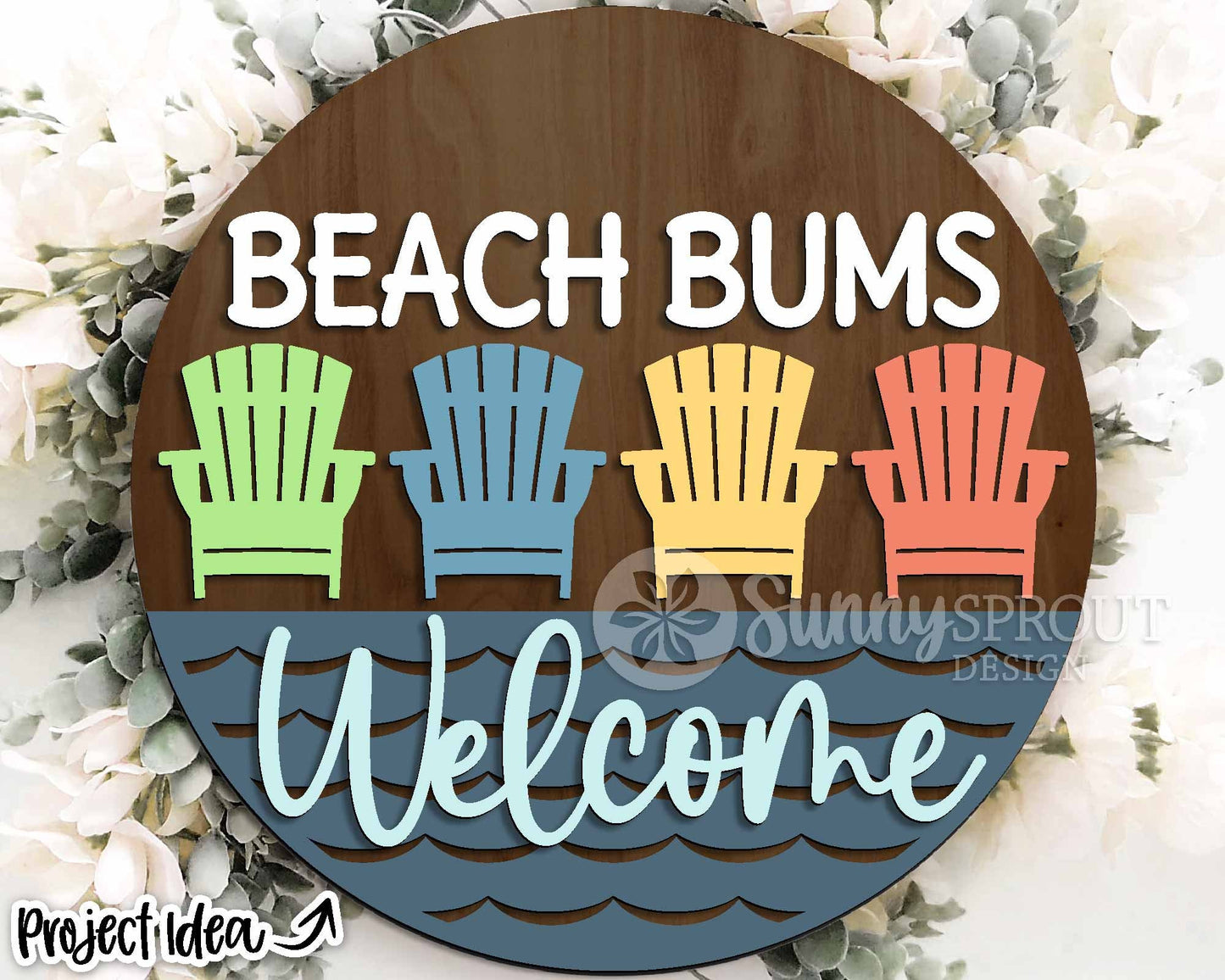 Beach Bums Welcome Chair Sign, Digital download, SVG Laser cut file, Cricut, Round door hanger design, Summer decor