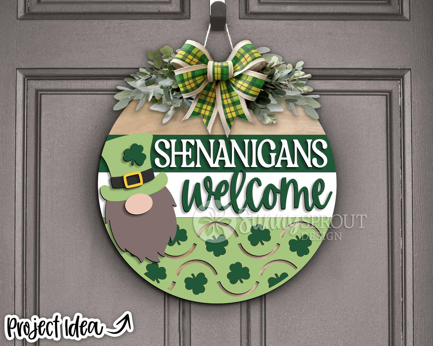 Shenanigans Welcome Gnome Sign, Digital Download, SVG Laser Cut File, Cricut, Round Door Hanger Design, St. Patrick's Day Decor