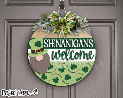 Shenanigans Welcome Gnome Sign, Digital Download, SVG Laser Cut File, Cricut, Round Door Hanger Design, St. Patrick's Day Decor