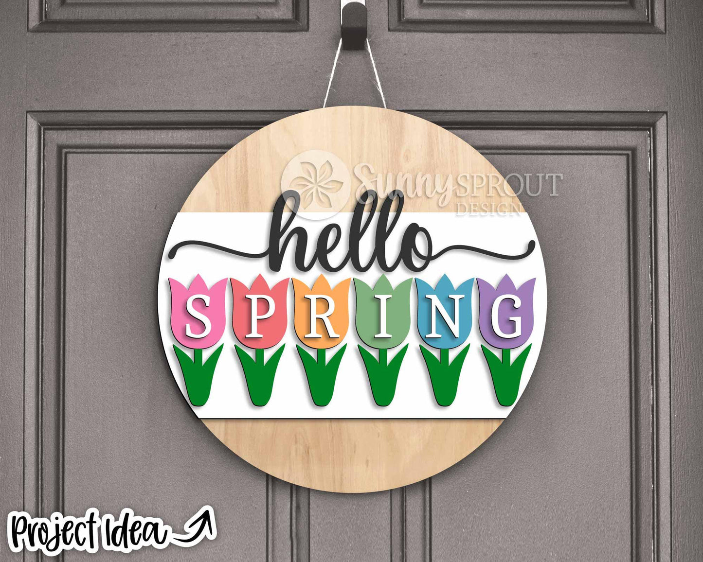 Hello Spring Tulip Flowers Sign, Digital download, SVG Laser cut file, Cricut, Round door hanger design