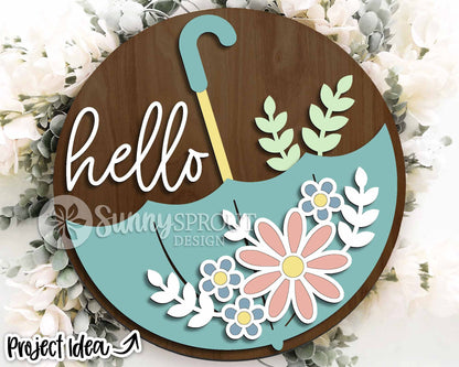 Hello Upside Down Umbrella Flower Sign, Digital download, SVG Laser cut file, Cricut, Round door hanger design, Spring Easter decor