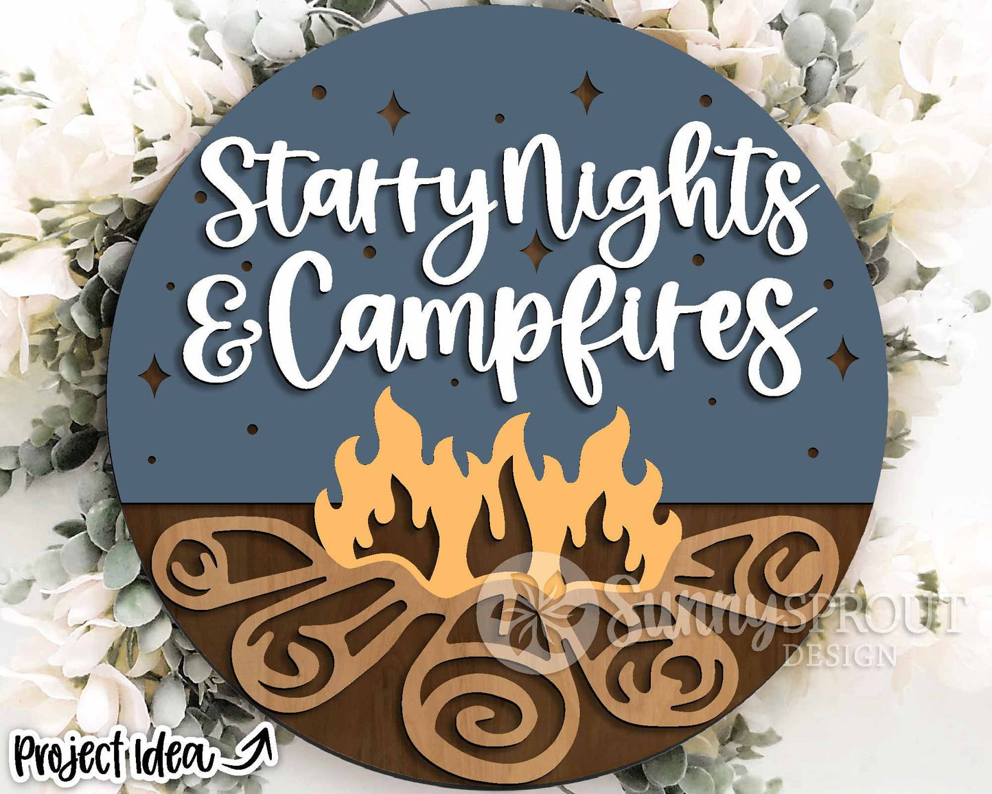 Starry Nights & Campfires Sign, Digital download, SVG Laser cut file, Cricut, Round door hanger design, Camping cabin decor