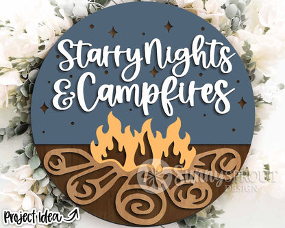 Starry Nights & Campfires Sign, Digital download, SVG Laser cut file, Cricut, Round door hanger design, Camping cabin decor