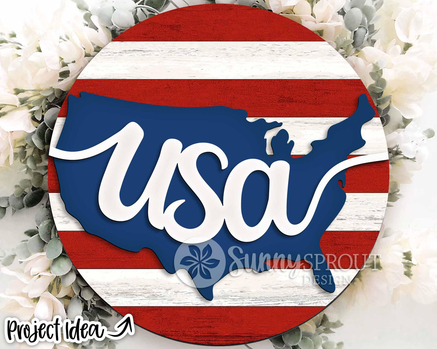 USA American Flag Stripes and Map Sign, Digital Download, SVG Laser Cut File, Cricut, Round Door Hanger Design, Patriotic 4th of July Decor