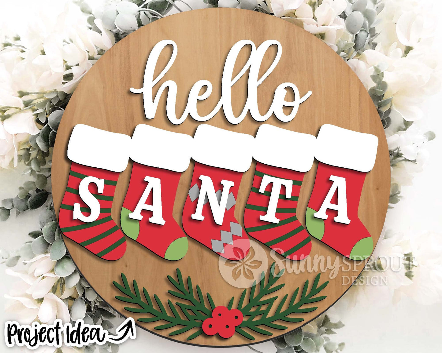 Hello Santa Stockings Sign, Digital Download, SVG Laser Cut File, Cricut, Round Door Hanger Design, Christmas Decor