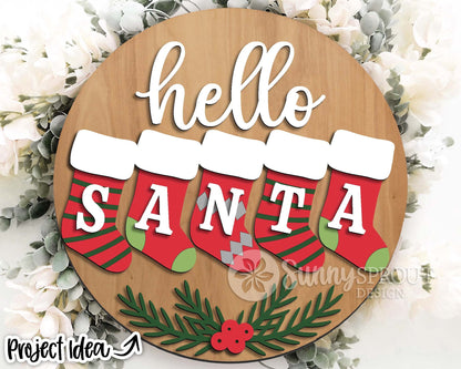 Hello Santa Stockings Sign, Digital Download, SVG Laser Cut File, Cricut, Round Door Hanger Design, Christmas Decor