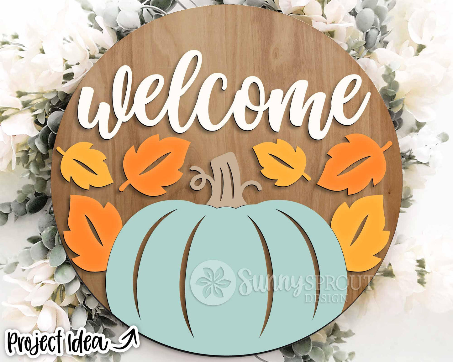 Welcome Pumpkin & Leaves Sign, Digital Download, SVG Laser Cut File, Cricut, Round Fall Door Hanger Design