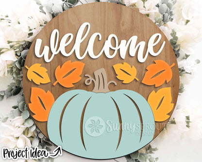 Welcome Pumpkin & Leaves Sign, Digital Download, SVG Laser Cut File, Cricut, Round Fall Door Hanger Design
