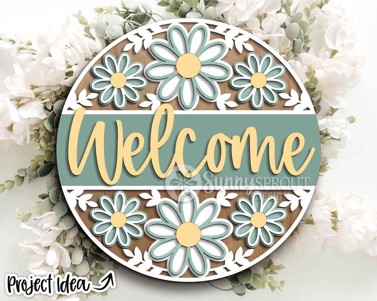 Welcome Flower Pattern Sign, Digital Download, SVG Laser Cut File, Cricut, Summer Floral Round Door Hanger Design