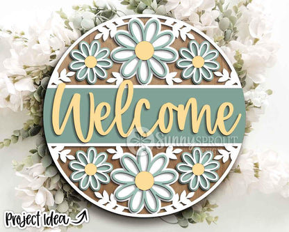 Welcome Flower Pattern Sign, Digital Download, SVG Laser Cut File, Cricut, Summer Floral Round Door Hanger Design