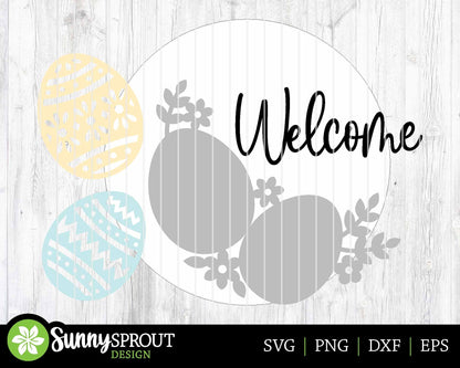 Welcome Floral Easter Eggs Sign, Digital download, SVG laser cut file, Cricut, Round door hanger design