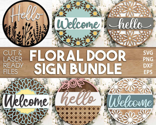 Floral Welcome Laser Sign Bundle, Round door hanger svg, Glowforge laser file, Cricut cut file, Front door sign svg