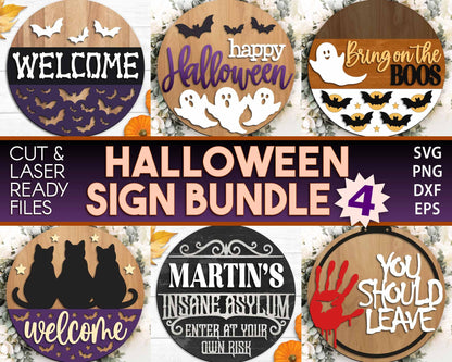 Halloween Laser Sign Bundle 4, Round door hanger, Glowforge laser file, Cricut cut file, Fall welcome sign, Spooky svg