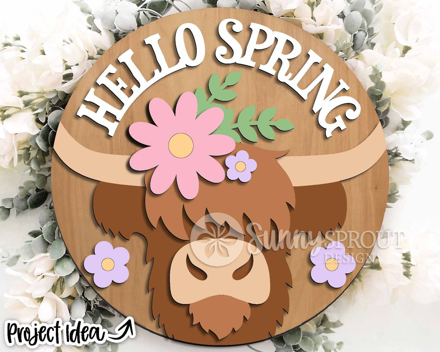 Hello Spring Highland Cow Flower Sign, Digital download, SVG Laser cut file, Cricut, Round door hanger design