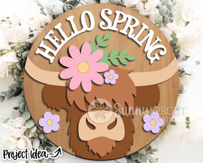 Hello Spring Highland Cow Flower Sign, Digital download, SVG Laser cut file, Cricut, Round door hanger design